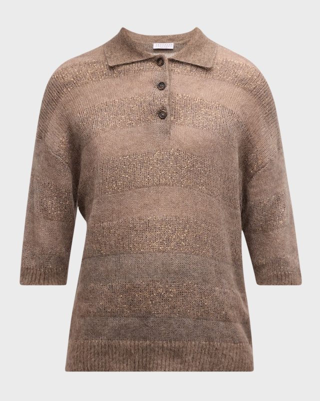 Mohair-Wool Striped Shiny Gauze Polo Sweater