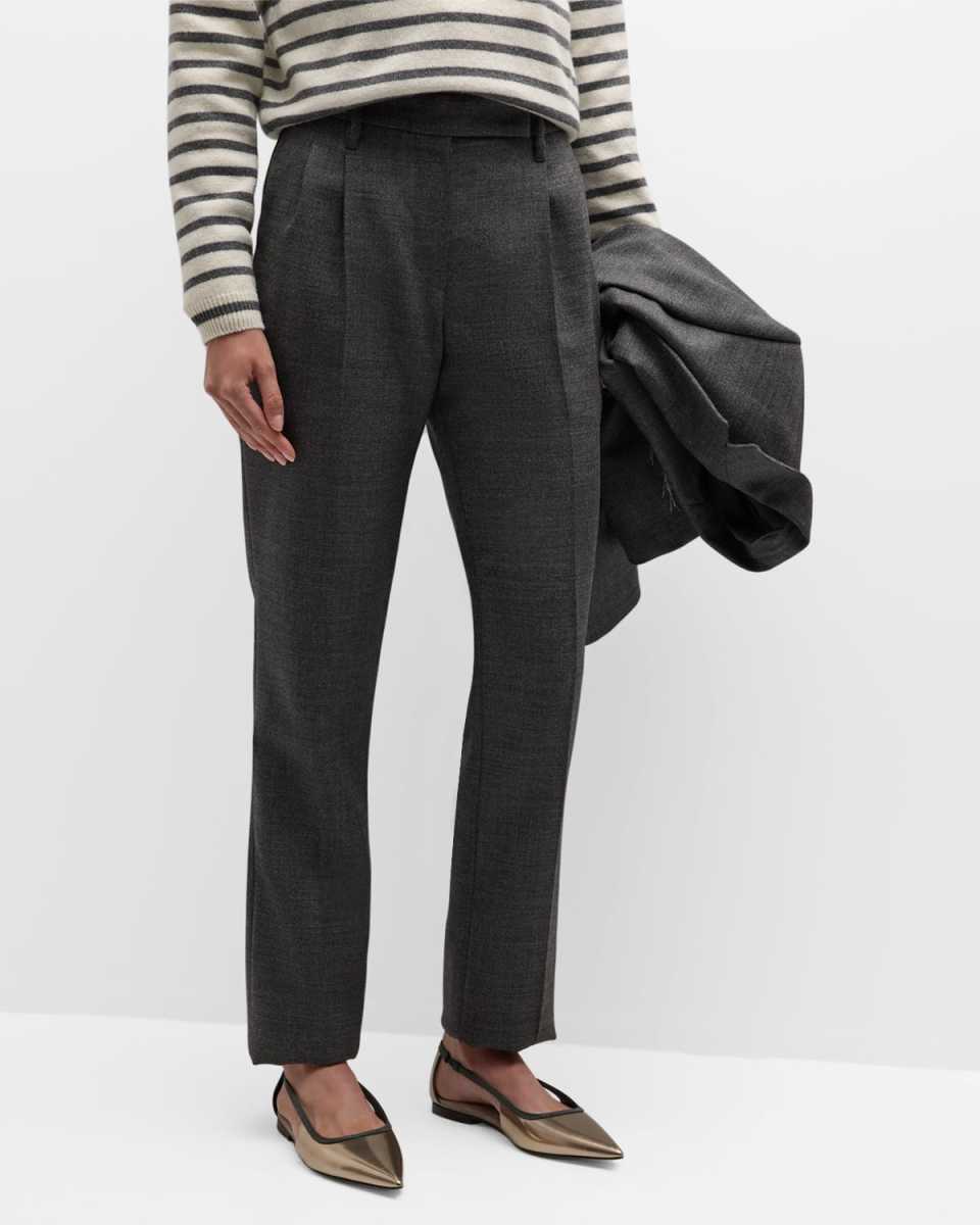 Pleated Canvas Wool Straight Cigarette Pants With Monili Belt Loop