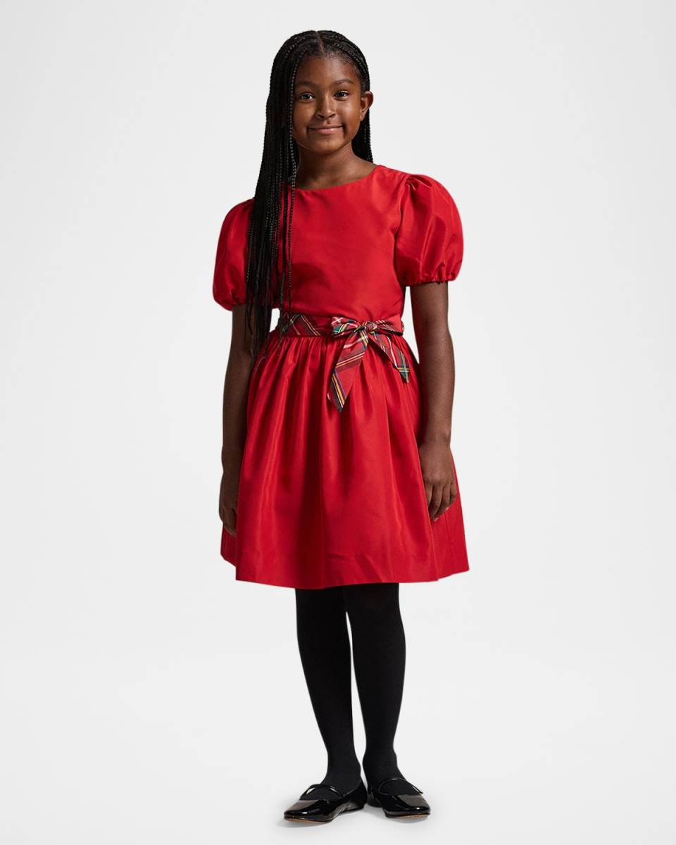 Girl's Puff Sleeve Dress W/ Waist Bow, Size 7-16