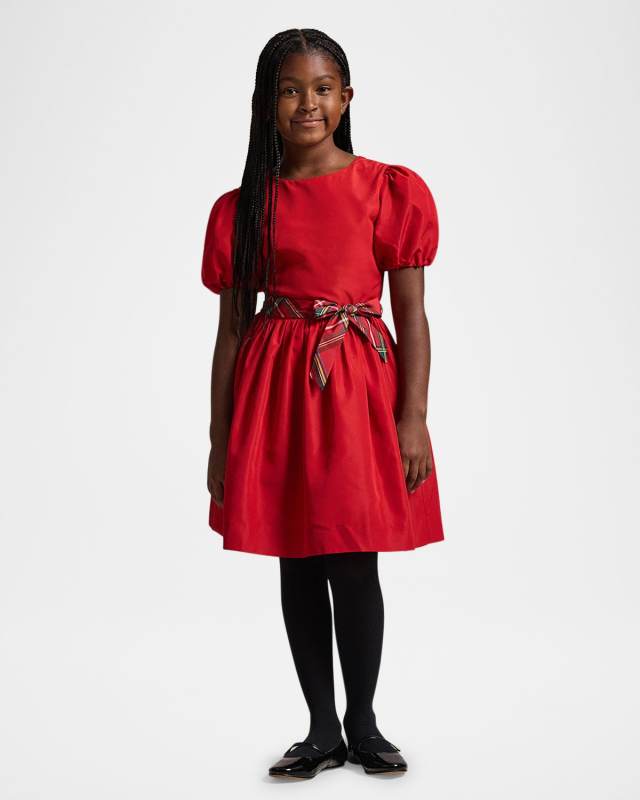 Girl's Puff Sleeve Dress W/ Waist Bow, Size 7-16