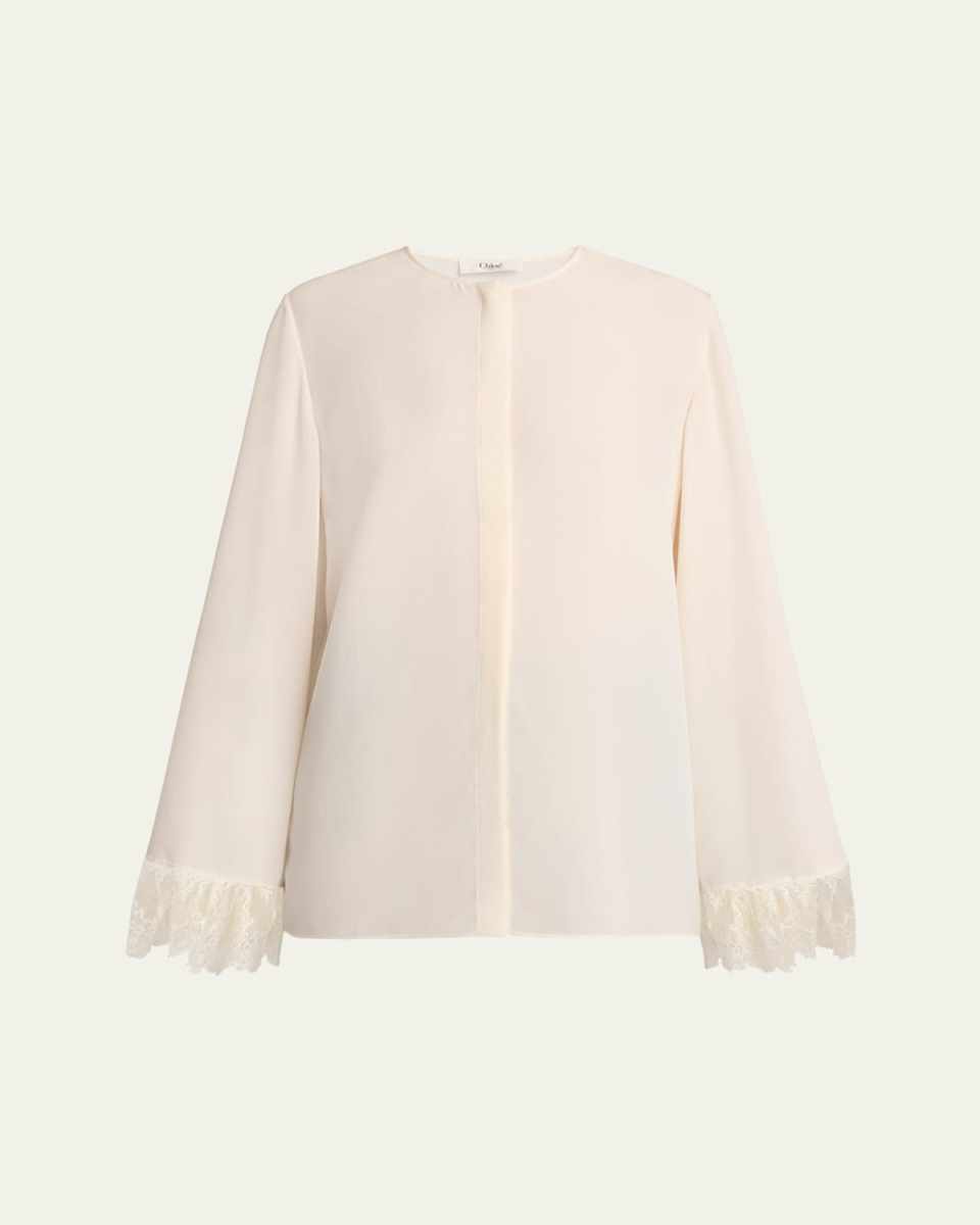 Button Down Crepe De Chine Top with Lace Sleeves