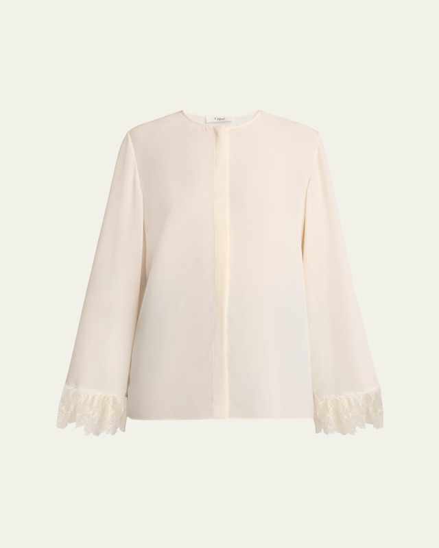 Button Down Crepe De Chine Top with Lace Sleeves