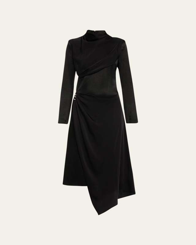 Mock-Neck Jersey Draped Midi Dress with Hardware