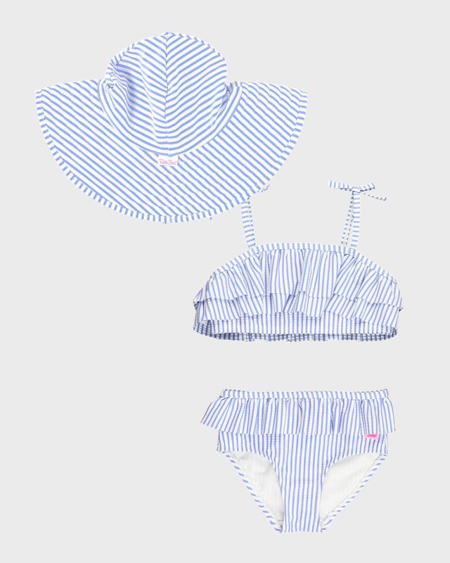 Girl's Seersucker Bow Two-Piece Swimsuit and Hat Set, Size 3M-8