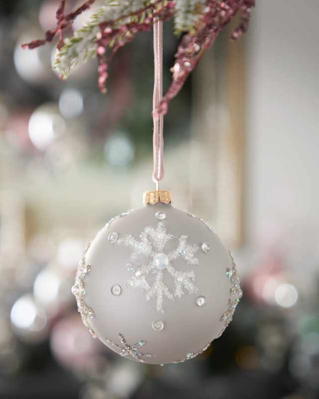 Silver Matte Ball Christmas Ornament with Glitter Snowflake