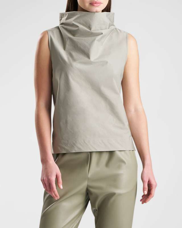 Sleeveless Funnel-Neck Taffeta Top