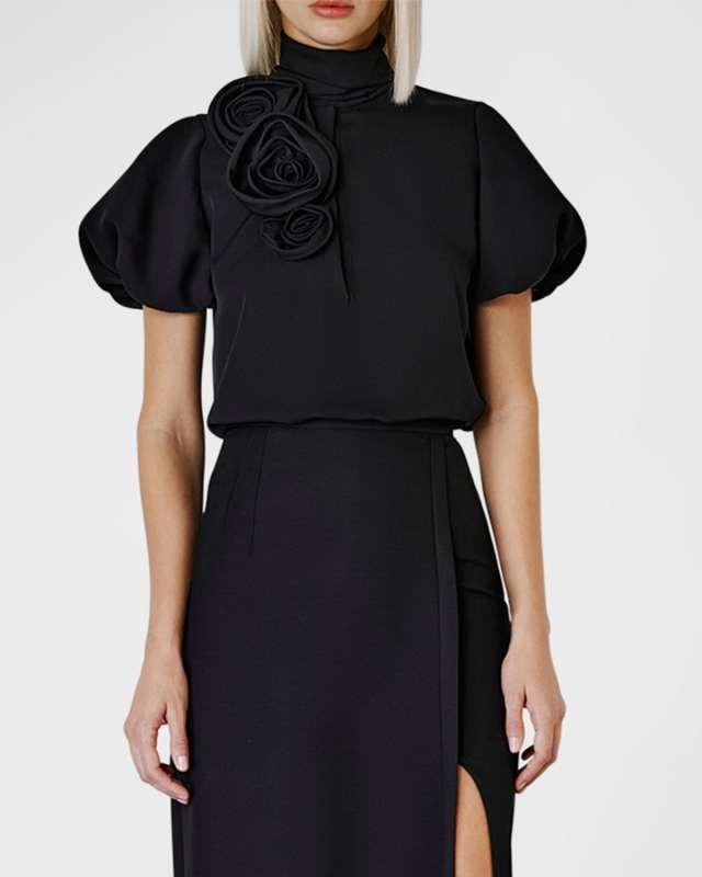 Turtleneck Flower Puff-Sleeve Silk Shirt