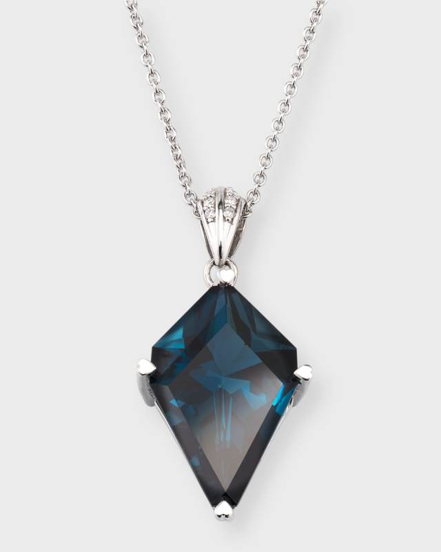 Rocks 18K White Gold London Blue Topaz Kite and Diamond Bail Pendant Necklace