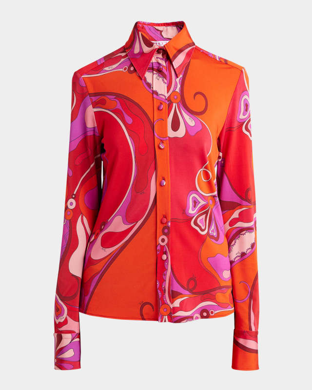 Long-Sleeve Jersey Satin Button-Down Shirt