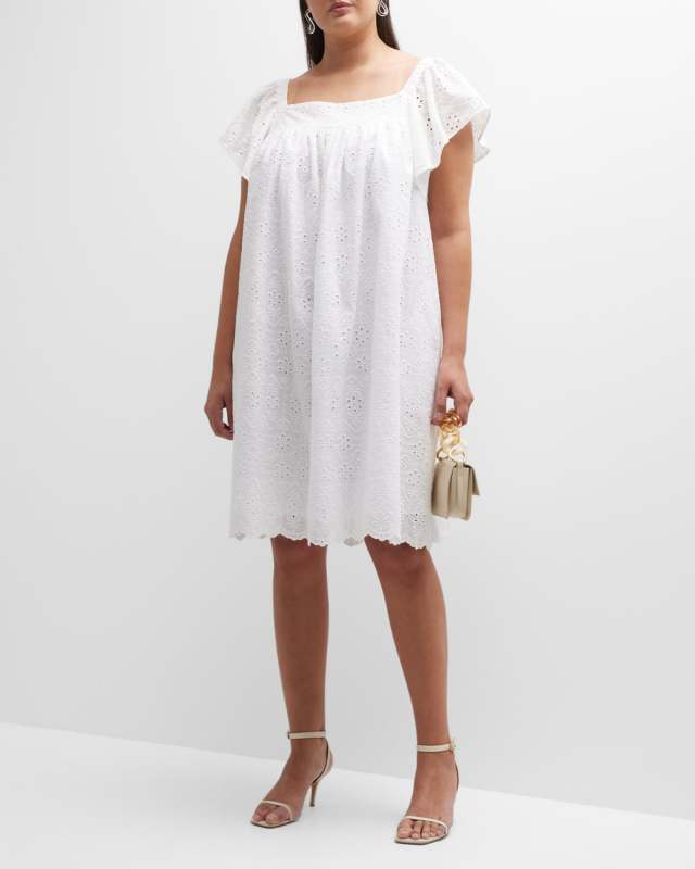 Plus Size Flutter-Sleeve Eyelet Midi Dress