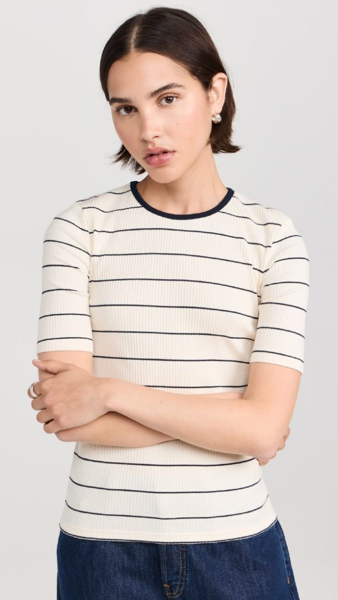 Vince Rib Stripe Elbow Sleeve Crew Tee Flaxen/Deep Lake