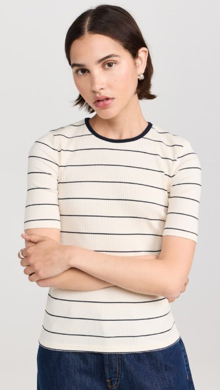 Vince Rib Stripe Elbow Sleeve Crew Tee Flaxen/Deep Lake