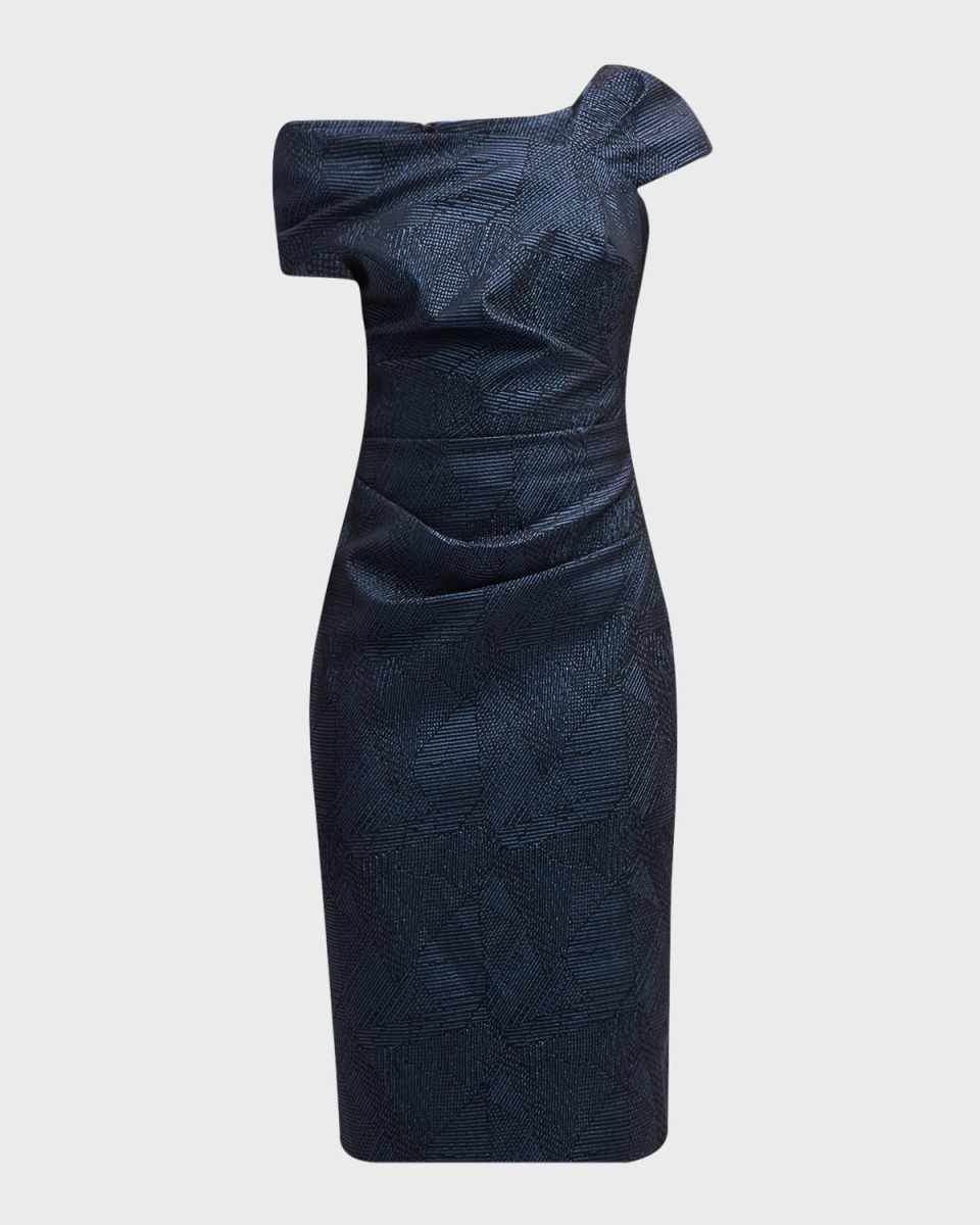 Ruched One-Shoulder Metallic Jacquard Dress