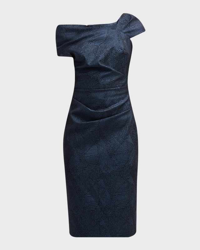 Ruched One-Shoulder Metallic Jacquard Dress