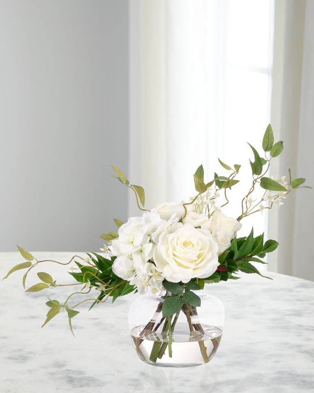White Hydrangeas & Roses 28" Faux Floral Arrangement in Glass Vase