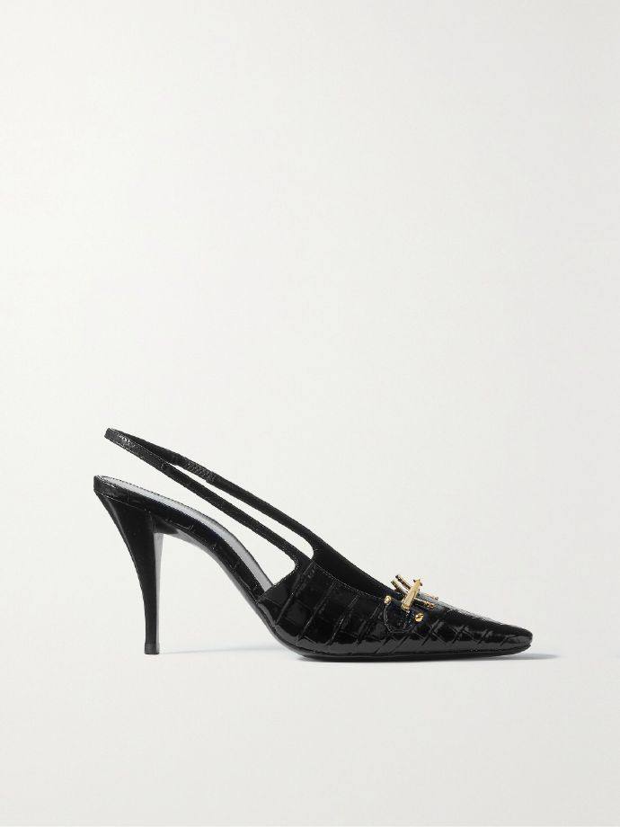 Saint Laurent Blade embellished croc-effect leather slingback pumps