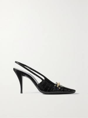 Saint Laurent Blade embellished croc-effect leather slingback pumps