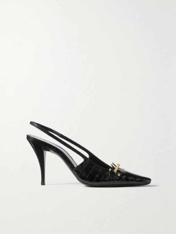 Saint Laurent Blade embellished croc-effect leather slingback pumps