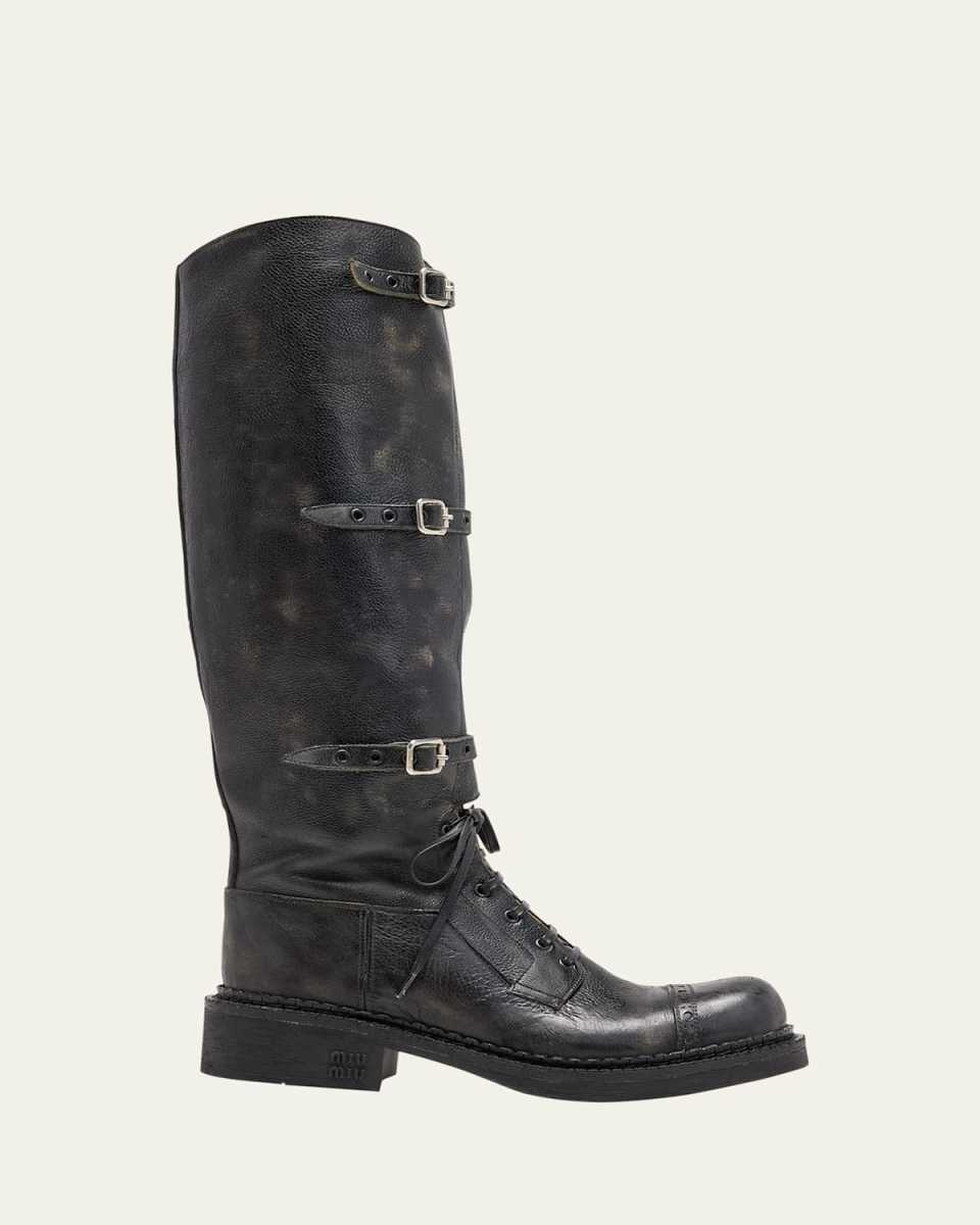 Antic Buckle Distressed Leather Knee-High Boots