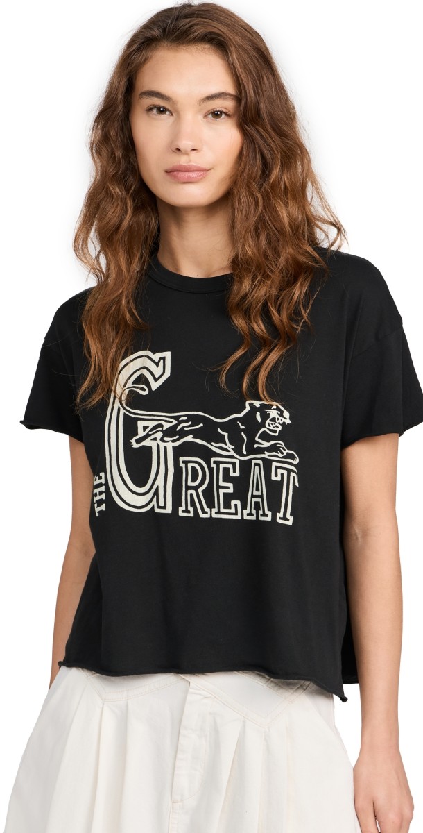 THE GREAT. The Boxy Crew Tee with Wild Panther Graphic Almost Black