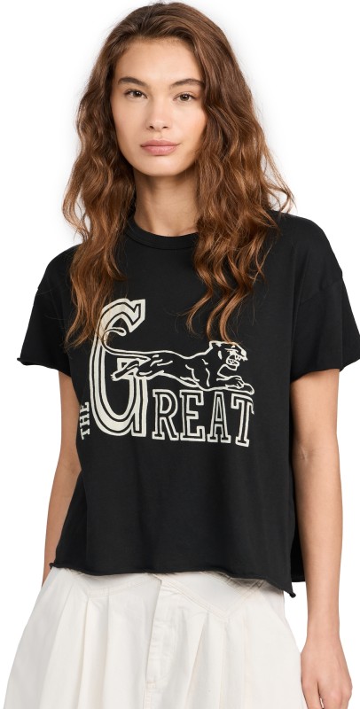 THE GREAT. The Boxy Crew Tee with Wild Panther Graphic Almost Black