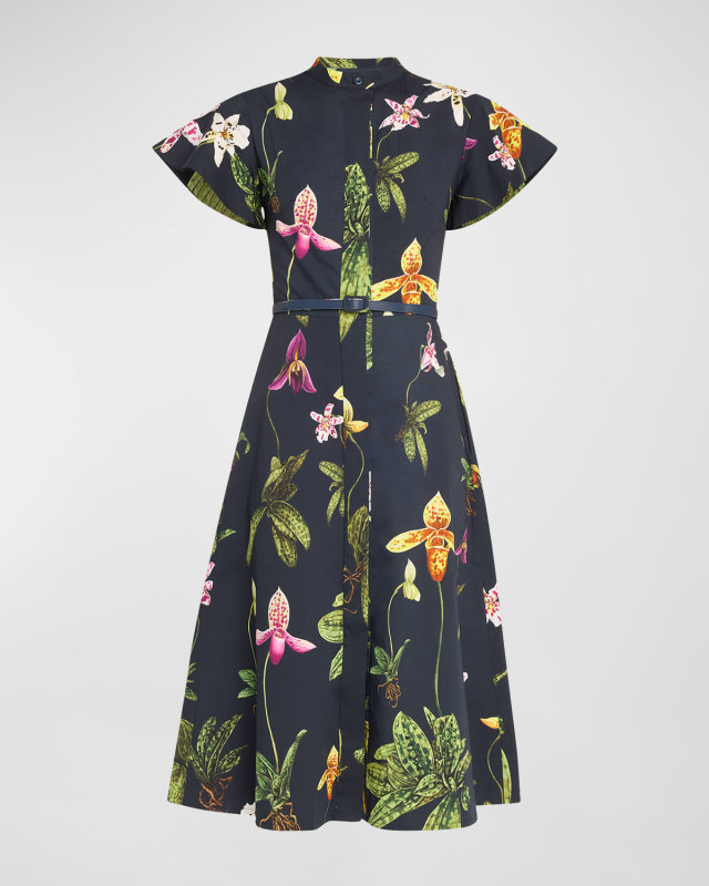 Orchid Print Fit-Flare Midi Poplin Dress