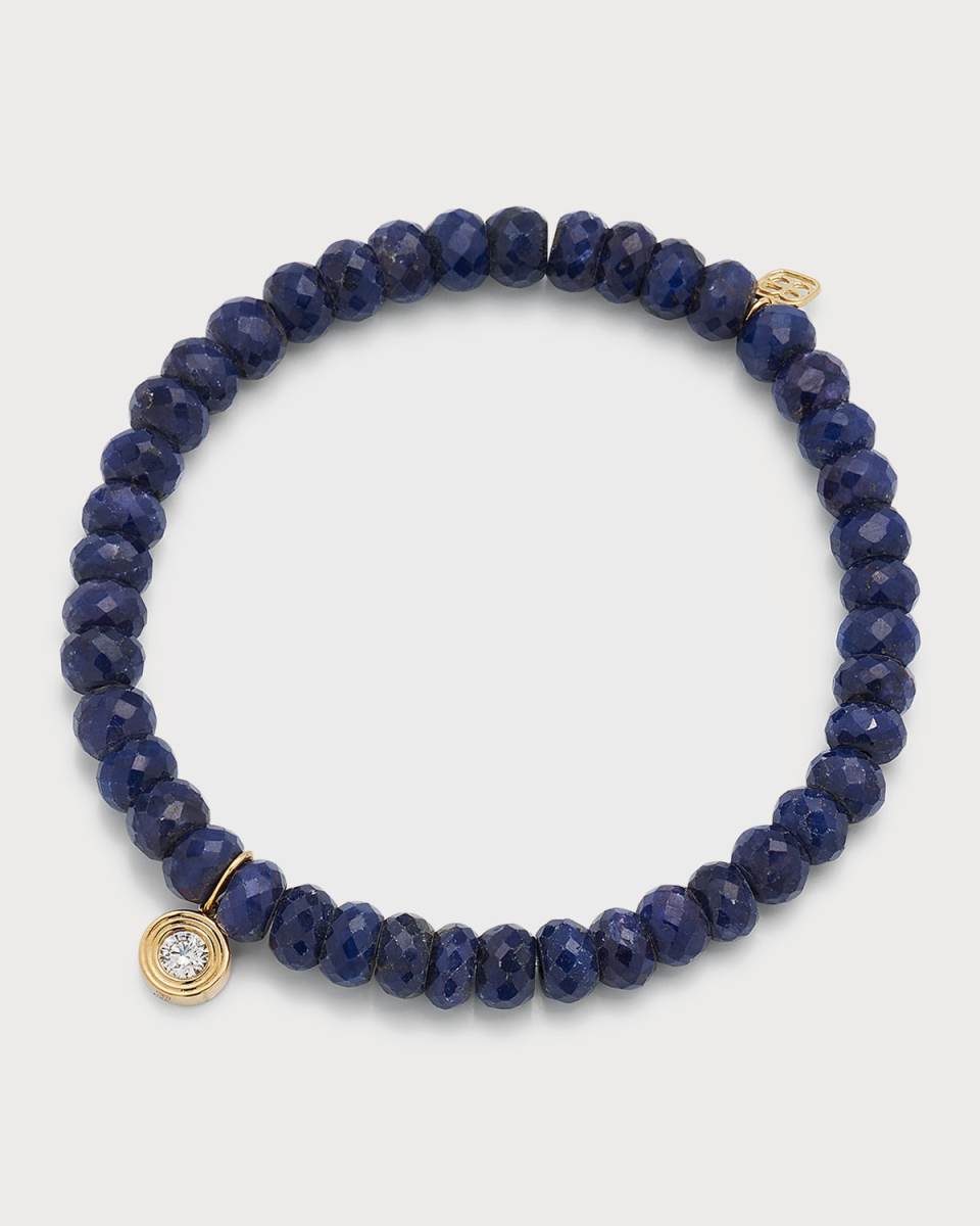 14K Gold Fluted Diamond Charm on Blue Sapphire Rondelle Bead Bracelet