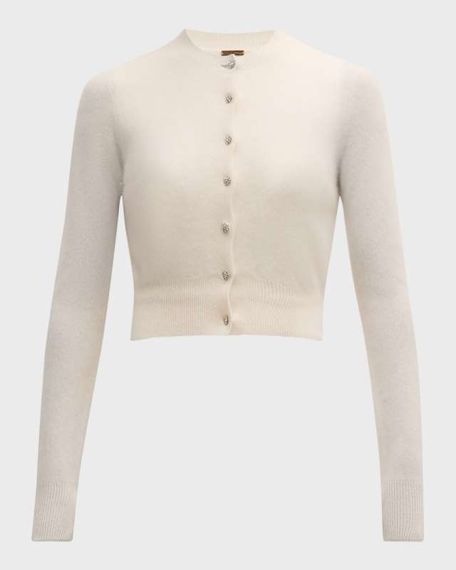Crystal-Button Brushed Cashmere Crop Cardigan