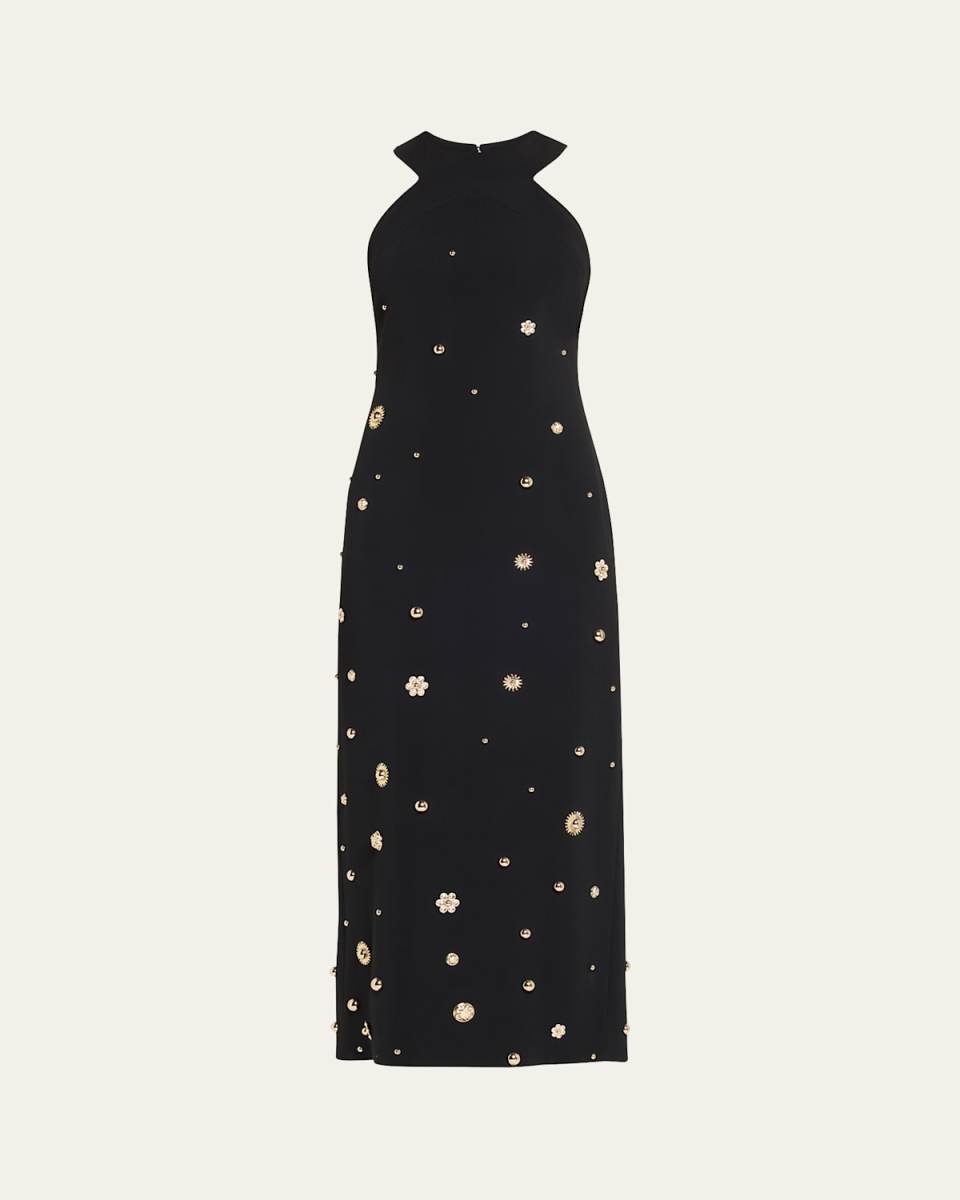 Studded Cady Sleeveless Halter Midi Dress