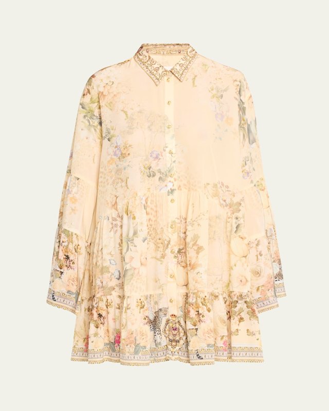 Tiered Silk Mini Shirtdress with Collar