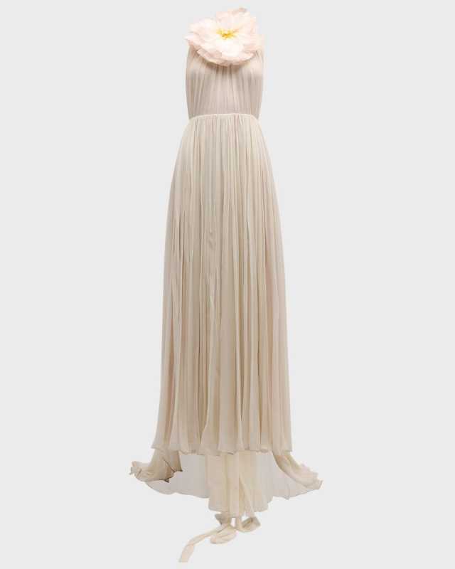 Organza Flower Halter Backless Chiffon Gown