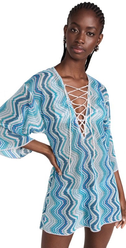 Missoni Short Cover Up with Braided Lacing Microshaded Blue Tones