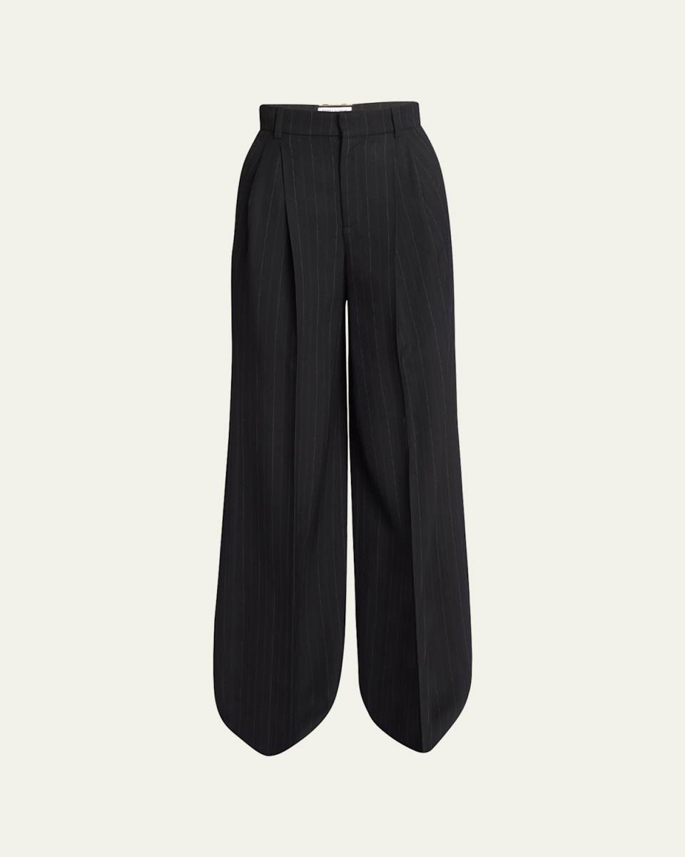 Pinstripe Wide-Leg Pleated Trousers