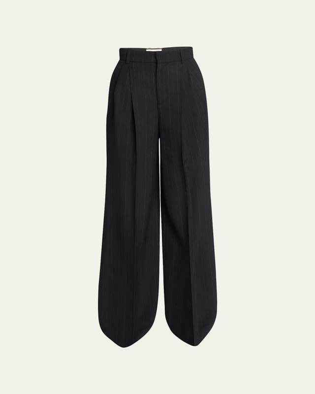Pinstripe Wide-Leg Pleated Trousers