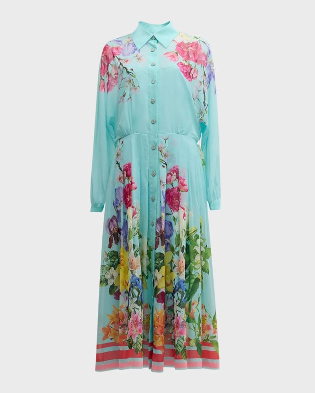 Pleated Floral-Print Midi Shirtdress