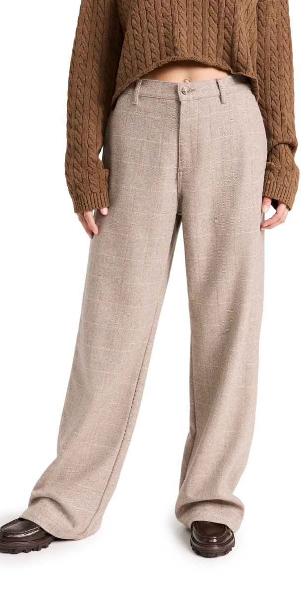 Denimist Flat Front Wide Leg Pants TAN HERRINGBONE