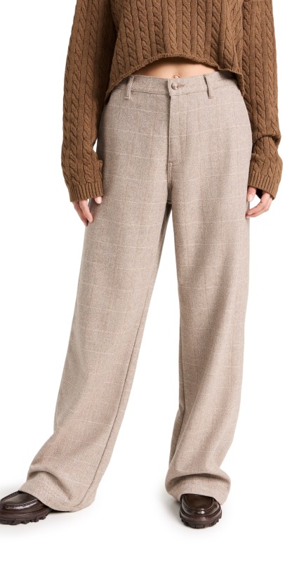 Denimist Flat Front Wide Leg Pants TAN HERRINGBONE