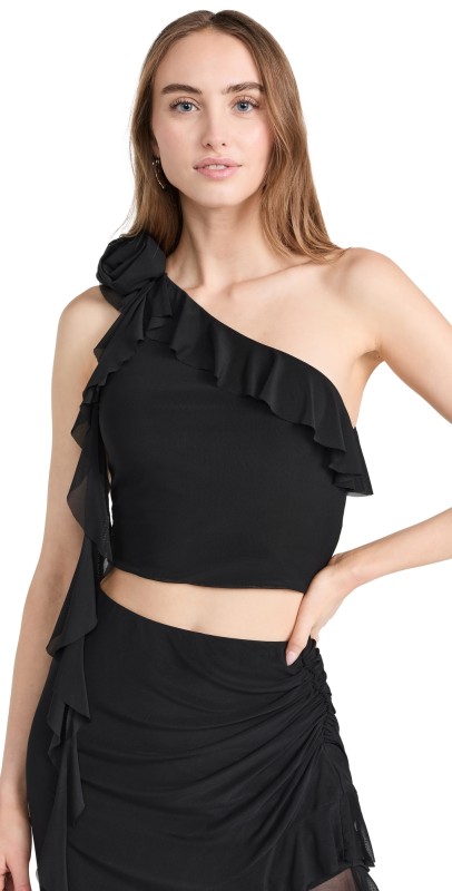 AFRM Kellon Rosettte One Shoulder Ruffle Crop Top Noir