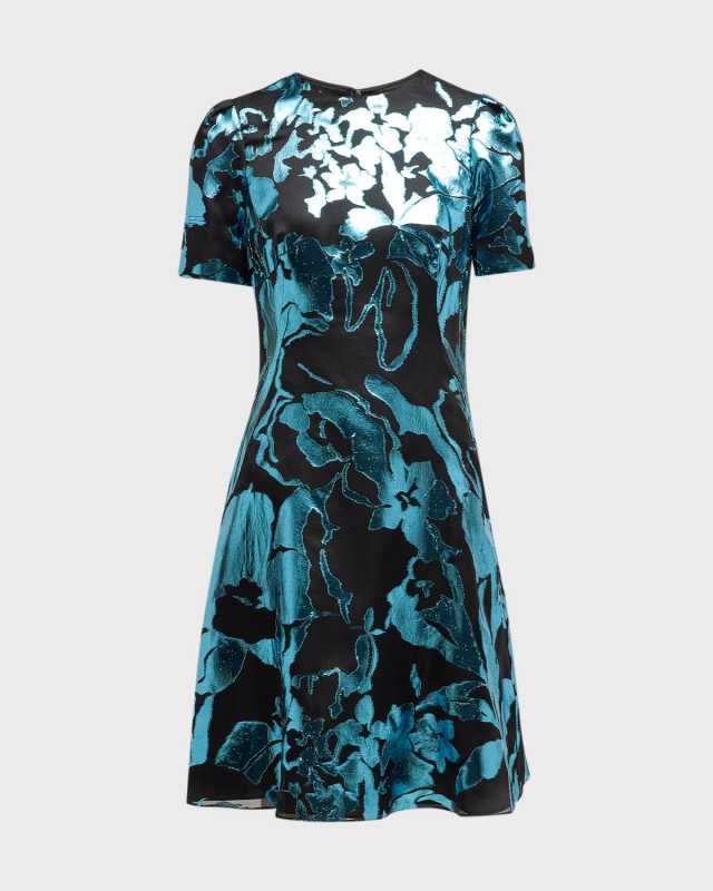 Metallic Floral Fil Coupe Short-Sleeve Cocktail Dress