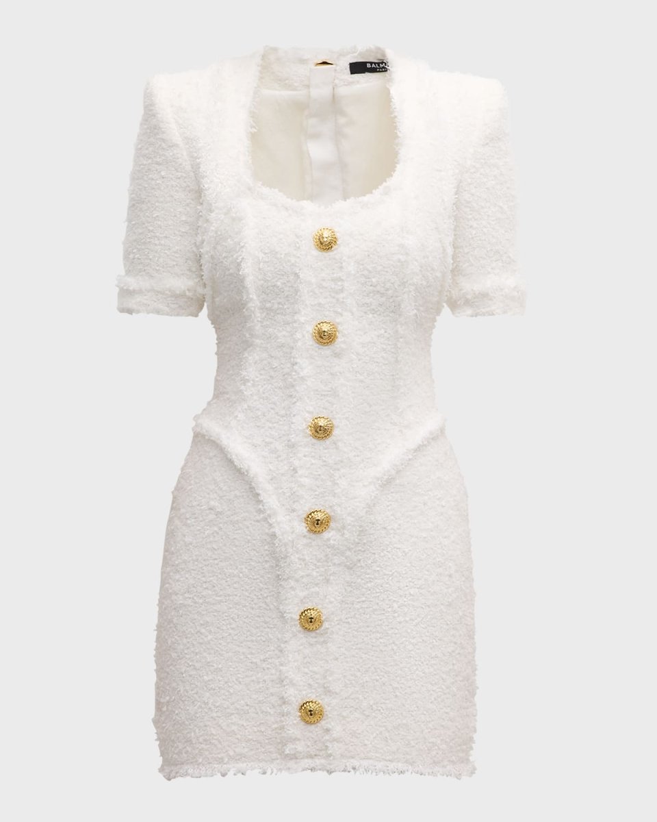 Short-Sleeve Tweed Button-Front Mini Dress