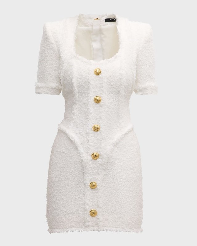 Short-Sleeve Tweed Button-Front Mini Dress