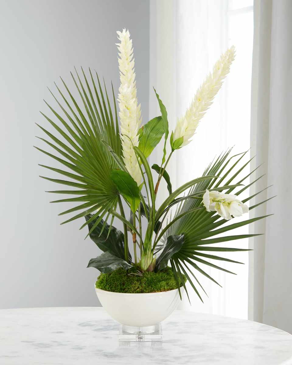Tropical Medinilla & Ginger 47" Faux Floral Arrangement in Porcelain Bowl