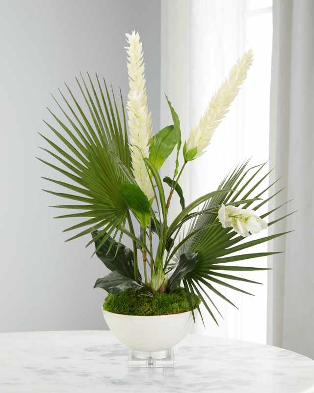 Tropical Medinilla & Ginger 47" Faux Floral Arrangement in Porcelain Bowl