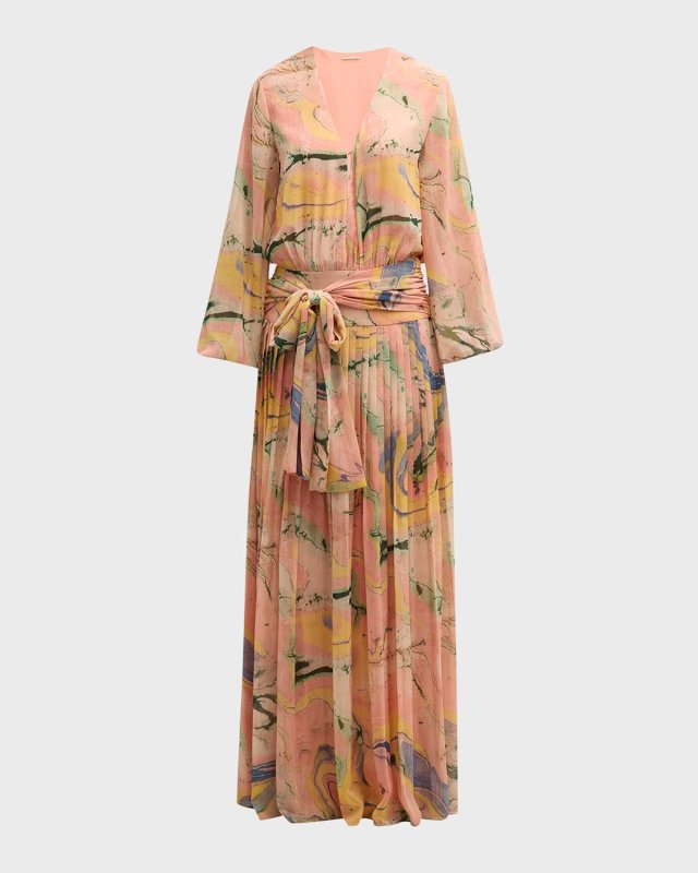 Diane Pleated Blouson-Sleeve Tie-Waist Maxi Dress