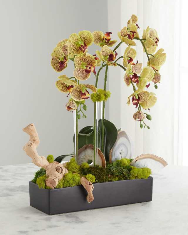 Faux Orchids in Rectangular Black Ceramic with Agate Slabs