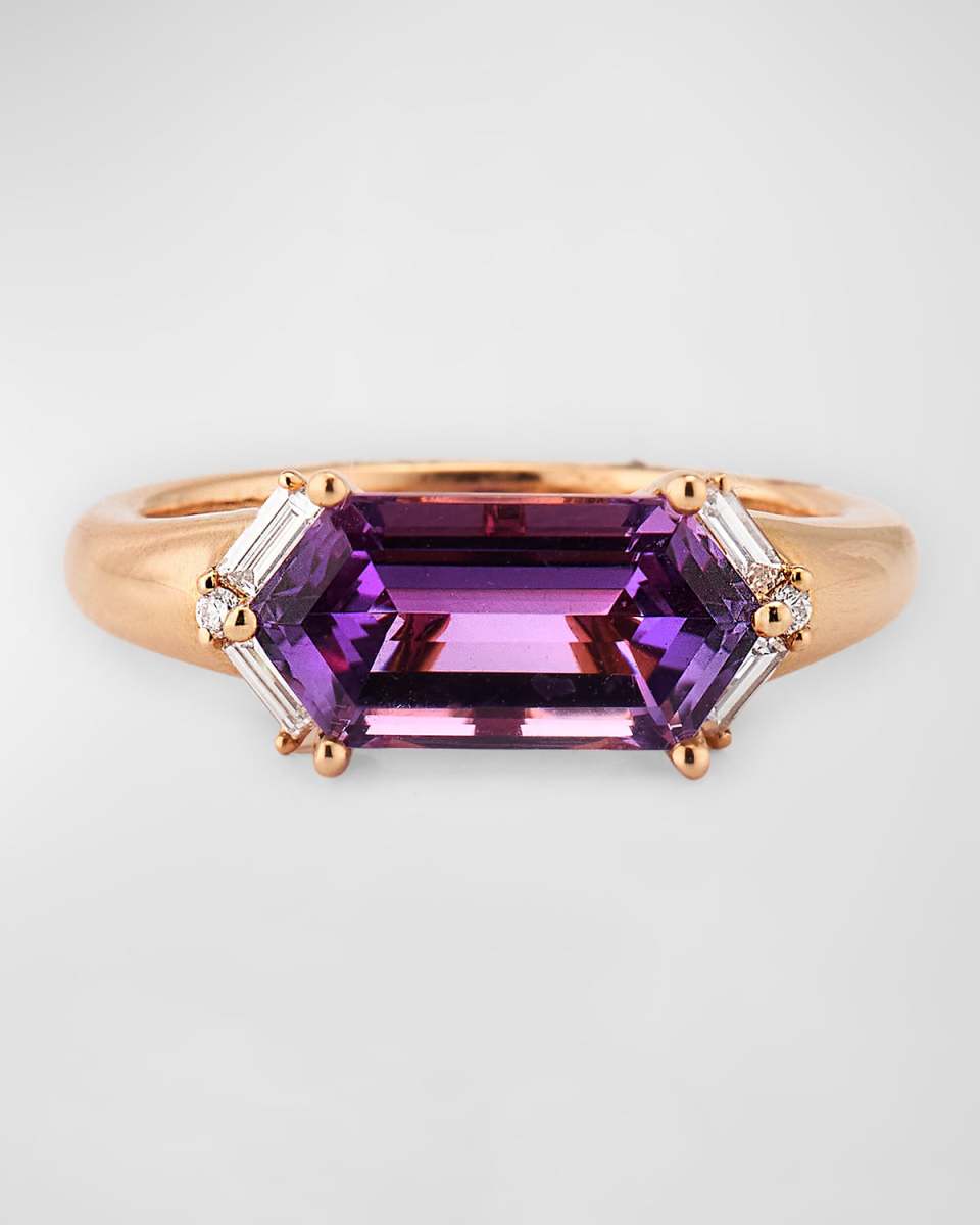 Rocks 18K Rose Gold Elongated Hexagon Amethyst and Baguette Diamond Accent Ring, Size 6