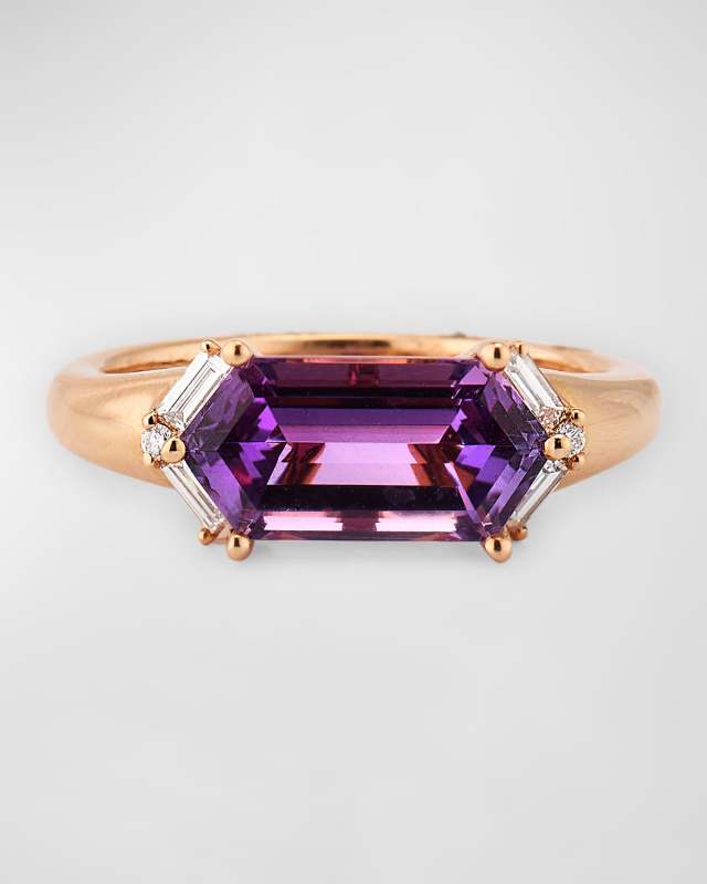 Rocks 18K Rose Gold Elongated Hexagon Amethyst and Baguette Diamond Accent Ring, Size 6
