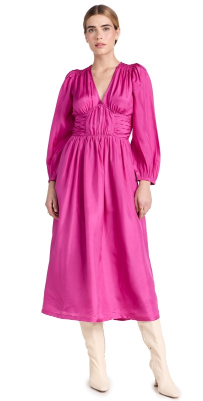 Sea Fabiola Solid Habotai V-Neck Dress Pink