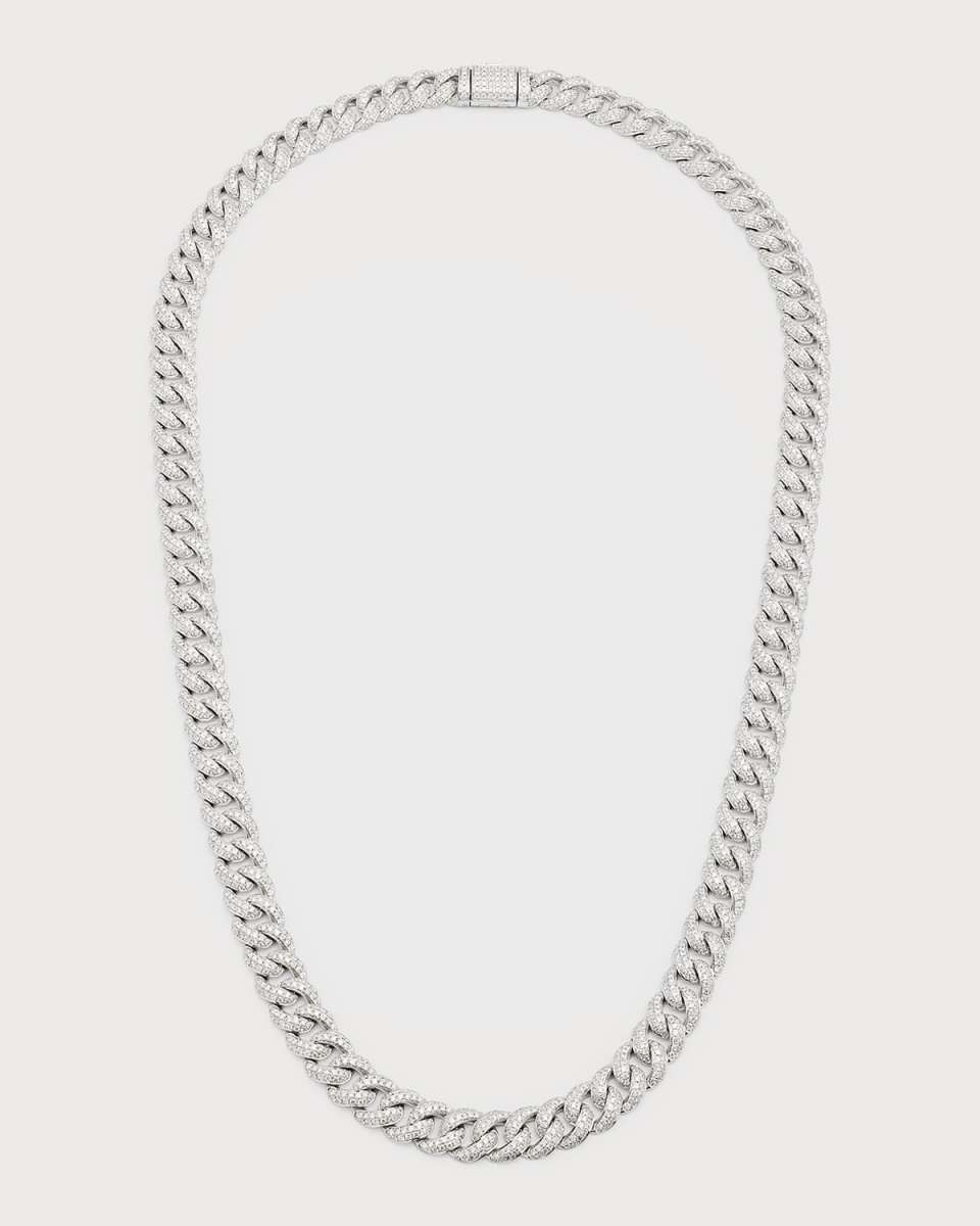 14K White Gold Pave Diamond Curb Chain Necklace, 22"L