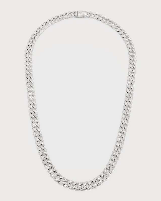 14K White Gold Pave Diamond Curb Chain Necklace, 22"L